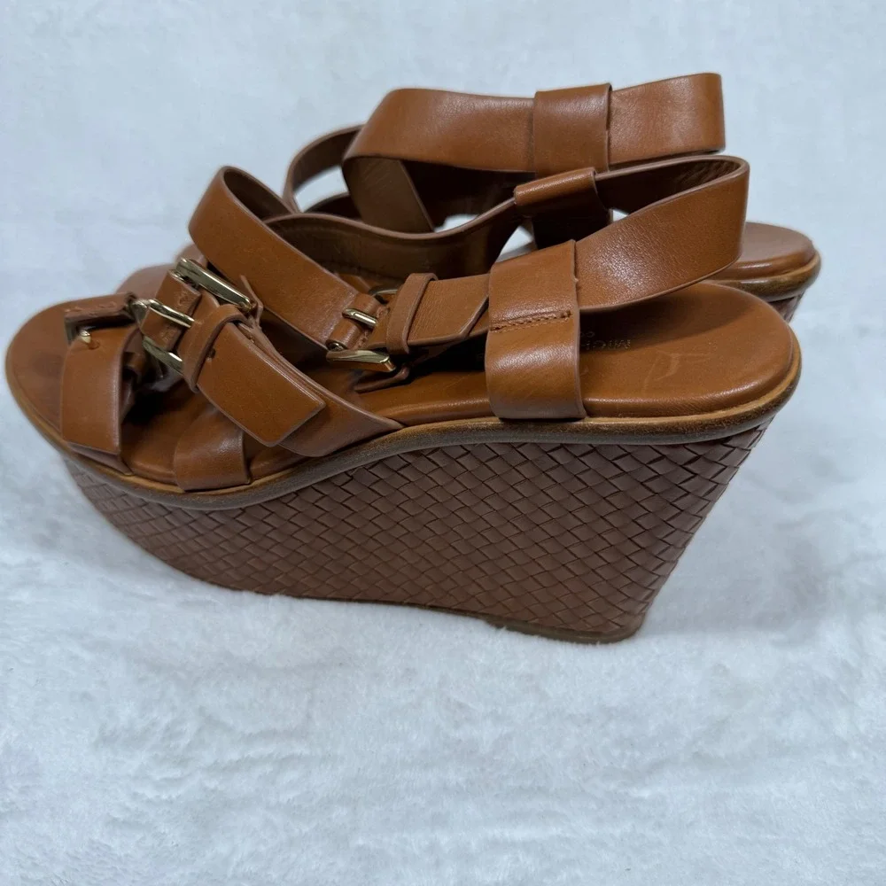 Michael‎ Kors Collection Tan Leather Woven Platform Wedge Sandals 38.5/8